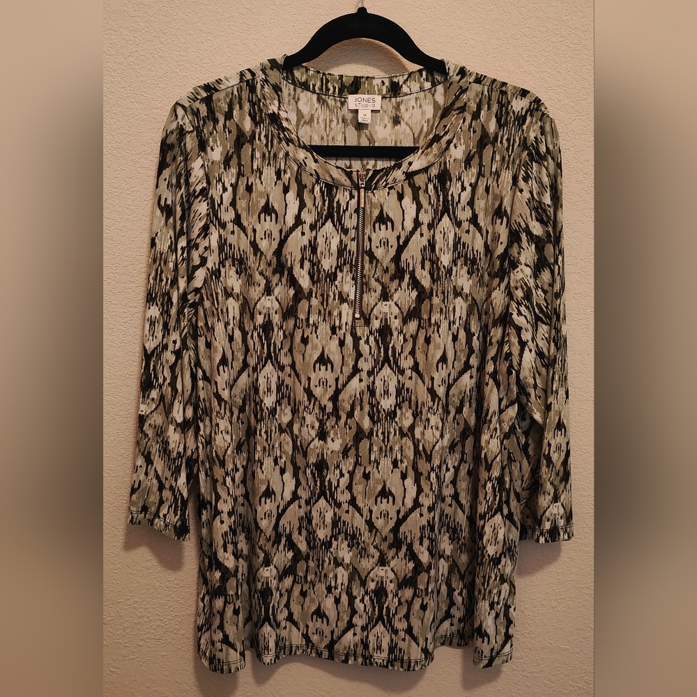 Women's Jones Studio Black & Green 3/4 Sleeve Blouse Top, 1X